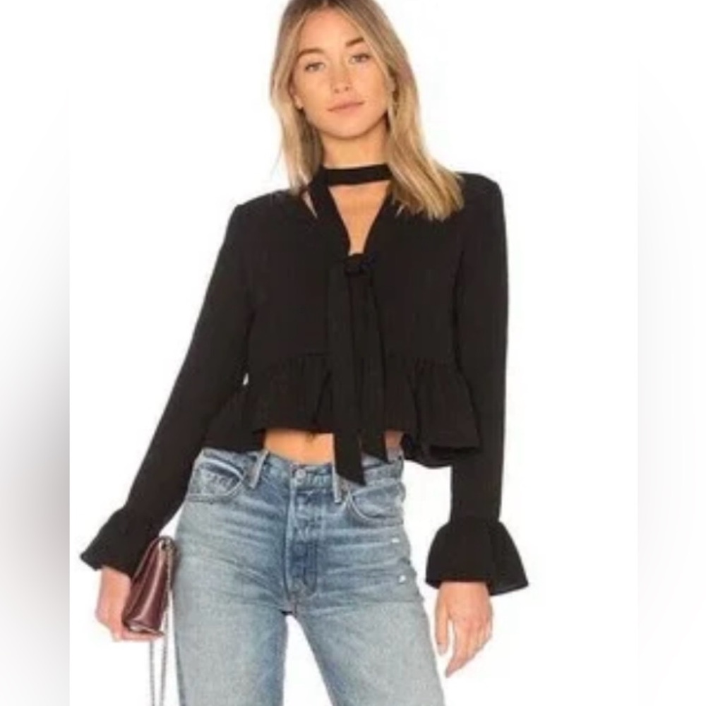 LIKELY Whimsigoth Black Top | Witchy Bell Sleeve | Collar Tie Neck Oversized M